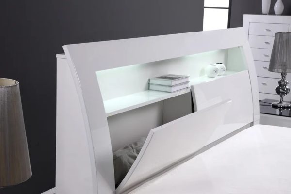 White Gloss Hydraulic Storage Bed With 4 Storage Compartments & Headboard Storage- Includes LED Lights & USB-Full, Queen or King- Model Barcelona Discount