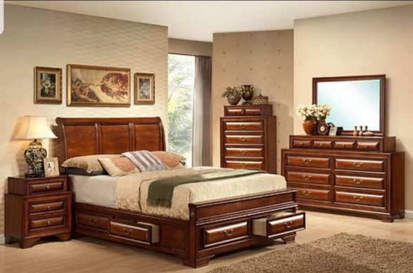 Wood Walnut Storage Bed With Pull Out Drawers- King or Queen- Model Sofia Supply