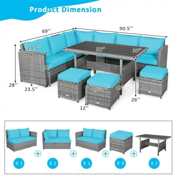 Turquoise 7 PC Outdoor Wicker Sectional Sofa Set with Dining Table- Model # 14239860 For Cheap