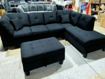 Black Fabric Sectional- Includes Throw Pillows & Storage Ottoman- Model #1012 Discount