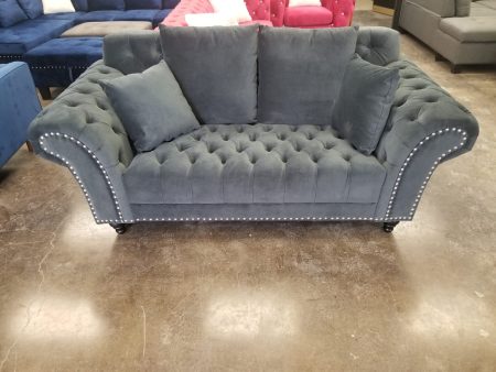 Dark Grey Velvet Tufted Love Seat- Fire Resistant- Includes Throw Pillows- Model #6157 Online Sale