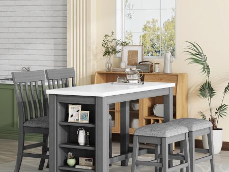 5 Piece Counter Height Dining Table Set With Built-In Storage Shelves - Gray For Sale