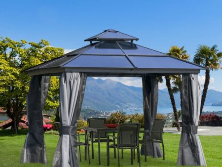 Black & Grey 10 x 10ft Hardtop Patio Gazebo Aluminum Gazebo Deck Canopy with Double Tier Roof, Curtains & Netting Sidewalls- Model #84C-215 on Sale