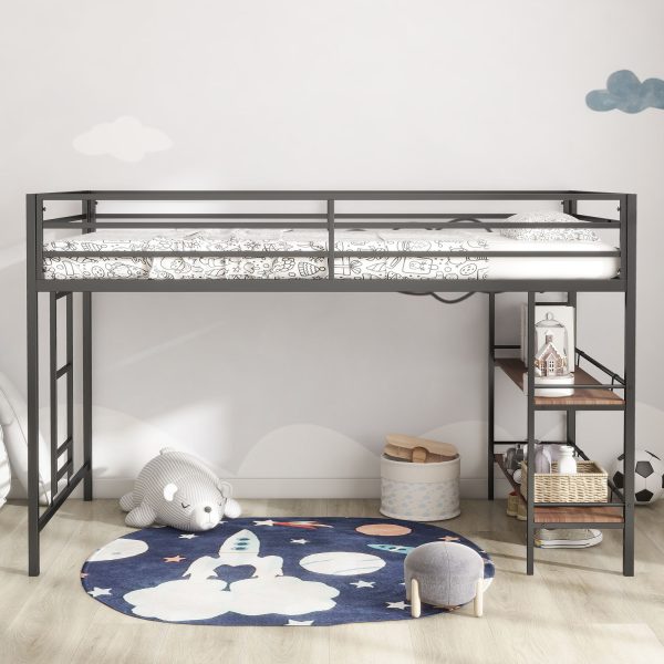 Adam - Junior Twin Loft Bunk Bed With Cinnamon Wood Shelf - Black For Discount