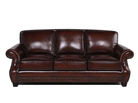 Traditional Roll Arm Nailhead Leather Sofa - Brown For Cheap