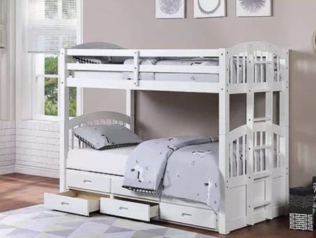 White Solid Wood Twin Over Twin Trundle Bunk Bed & Storage Drawers- Model #1842 Supply