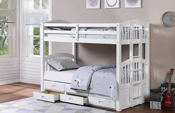 White Solid Wood Twin Over Twin Trundle Bunk Bed & Storage Drawers- Model #1842 Supply