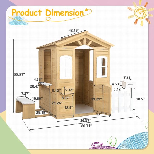 Wooden Playhouse For Kids Outdoor With Working Door, Windows, Mailbox, Bench, Flowers Pot Holder - Natural Discount