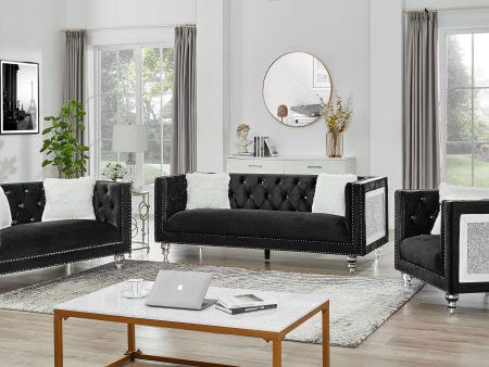 Black Crushed Glass 3 Piece Velvet With Deep Tufting & Nailhead Details Set- Includes Throw Pillows- Model Joy Online Hot Sale