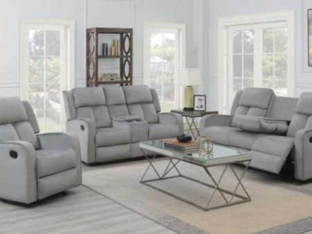 Grey 3 PC Suede Upholstered Velvet Fabric Manuel Recliner- Includes Drop Down Cup Holders & Rocker Chair- Model #7712 Hillsdale For Sale