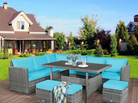 Turquoise 7 PC Outdoor Wicker Sectional Sofa Set with Dining Table- Model # 14239860 For Cheap