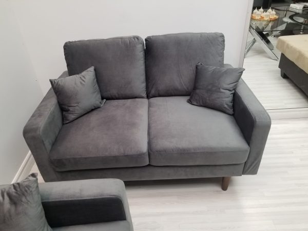 Velvet Grey Sofa & Love Seat Set- Includes Throw Pillows Model #7011 For Sale