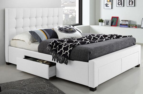 White Linen Fabric Storage Bed- Includes 4 Storage Drawers- Double, Queen or King- Model #2152 For Cheap