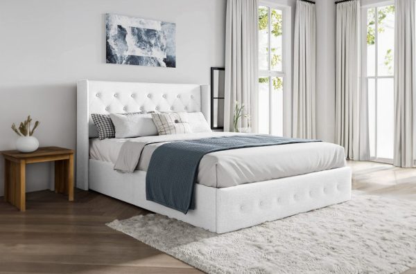 White Linen Fabric Hydraulic Lift Storage Bed- Double, Queen or King - Model #2162 Sale