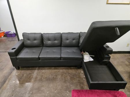 Black Anti Scratch Leather Sectional Sofa With Storage Chaise & Cup Holders- Model #2218 Supply