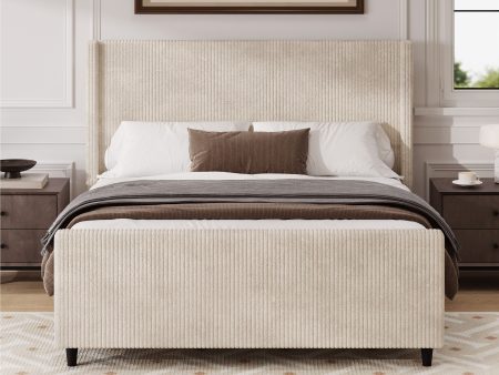 Corduroy Upholstered Bed Frame With Vertical Stripe Wingback And High Footboard No Box Spring Needed Online Hot Sale