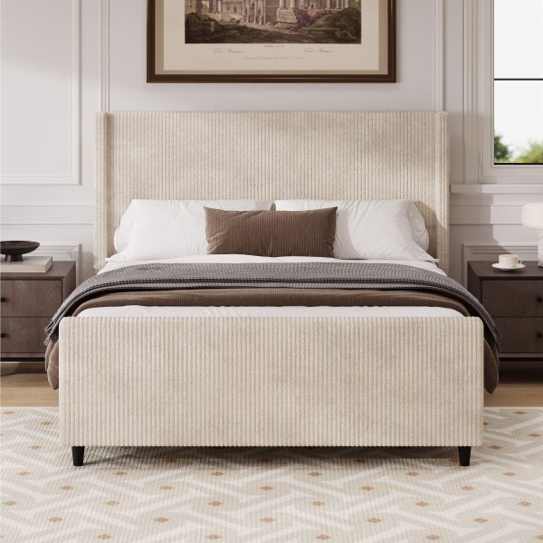 Corduroy Upholstered Bed Frame With Vertical Stripe Wingback And High Footboard No Box Spring Needed Online Hot Sale