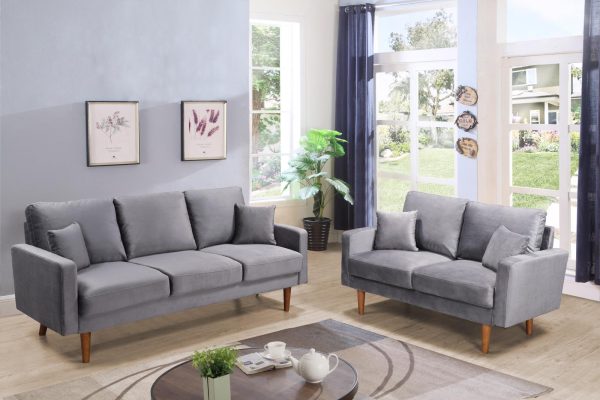 Velvet Grey Sofa & Love Seat Set- Includes Throw Pillows Model #7011 For Sale