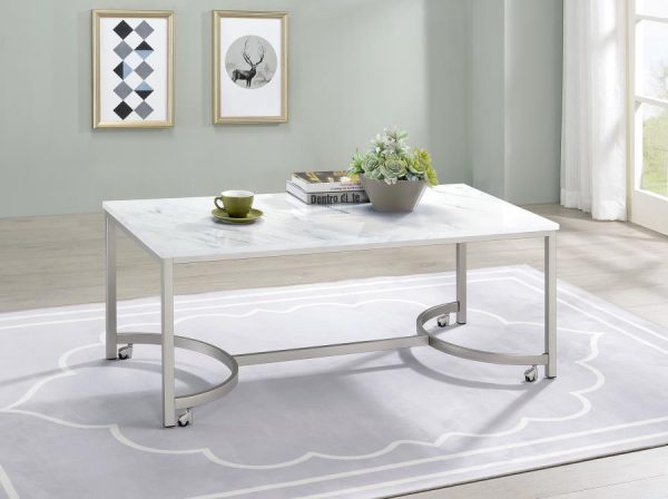 Leona - Faux Marble Coffee Table With Casters - Satin Nickel Fashion