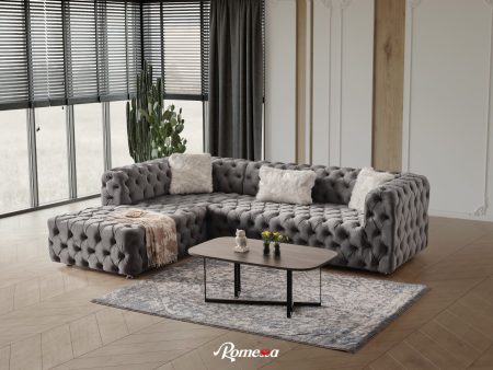 Grey Velvet Tufted Sectional- Includes Throw Pillows - Model Romena Sale