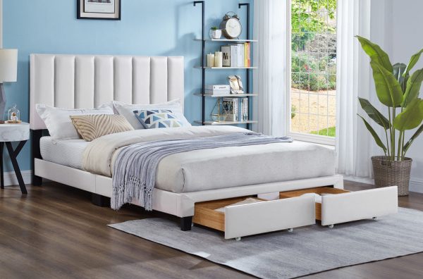 White Leatherette Fabric Storage Bed With Drawers & Adjustable Headboard- Double, Queen or King- Model #2120 Fashion