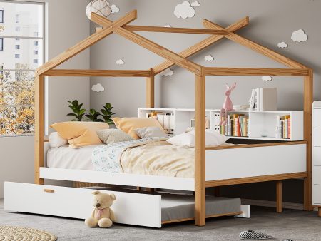 Twin Size Wooden House Bed With Original Wood Colored Frame Twin Size Trundle And Bookshelf Storage Space For Children Or Guest Room - White Sale