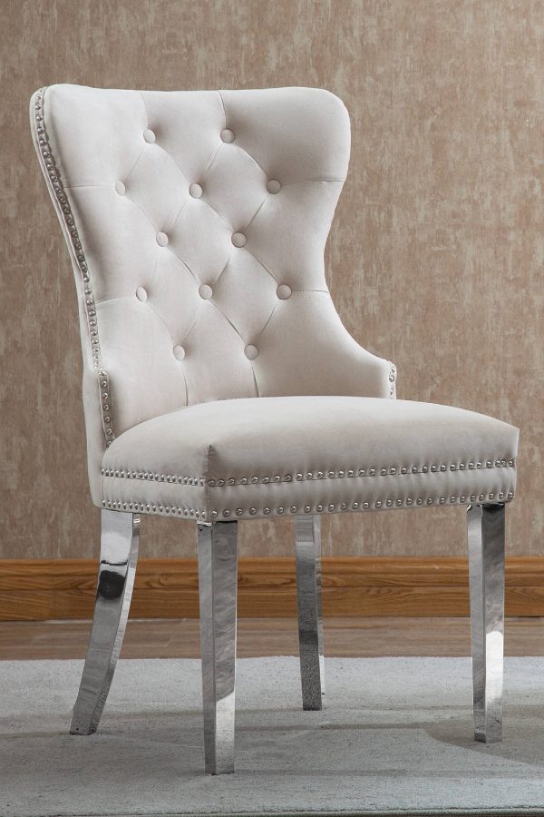 2, 4 or 6 Creme Velvet Dining Chairs with Deep Tufting- Chrome Knocker- Polished Chrome Legs & Nail Head Details- Model #1263 Discount