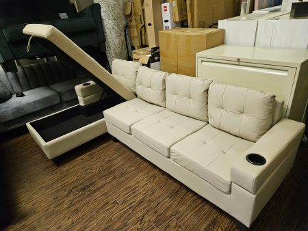 Beige Anti Scratch Leather Sectional Sofa With Storage Chaise & Cup Holders- Model #2218 Sale