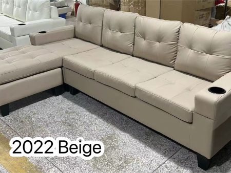 Beige Anti Scratch Leather Sectional Sofa With Cup Holders- Model #2022 Online