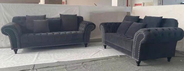 Dark Grey Velvet Tufted 3 Seater Sofa- Fire Resistant- Includes Throw Pillows- Model #6157 Supply