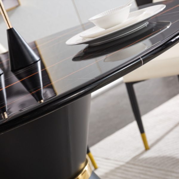 Marble Printed MDF Round Dining Table With Gold Annulus (Not Including Chairs) - Black For Sale