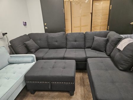 Black Fabric Sectional With Storage Ottoman & Throw Pillows- Model #1013 Online Sale