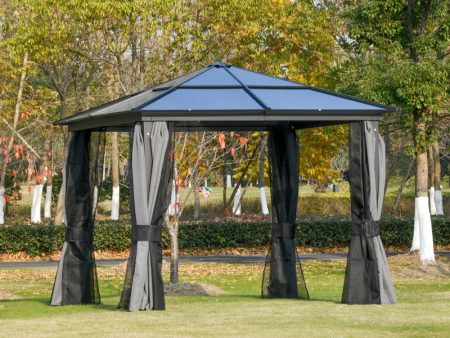 Black & Grey 10 x 10ft Hardtop Gazebo with Aluminum Frame, Polycarbonate Gazebo Canopy with Curtains & Netting- Model #84C-049CG Online Hot Sale