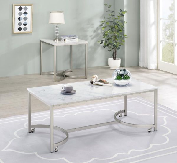 Leona - Faux Marble Coffee Table With Casters - Satin Nickel Fashion