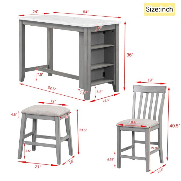 5 Piece Counter Height Dining Table Set With Built-In Storage Shelves - Gray For Sale