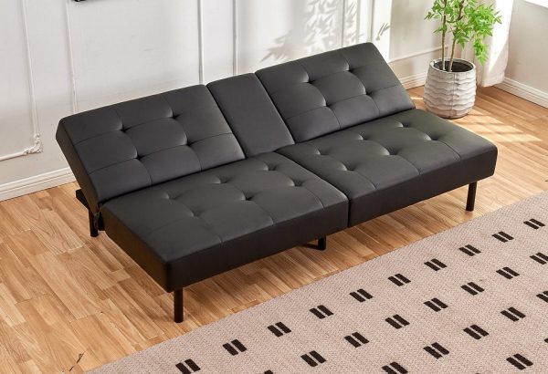 Black Leather Memory Foam Split Design Sofa Bed With Drop Down Tray- Model #8091 For Sale