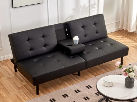 Black Leather Memory Foam Split Design Sofa Bed With Drop Down Tray- Model #8091 For Sale