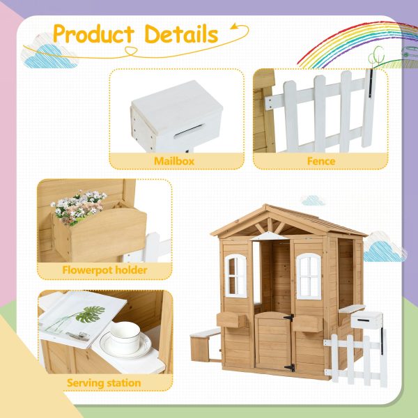 Wooden Playhouse For Kids Outdoor With Working Door, Windows, Mailbox, Bench, Flowers Pot Holder - Natural Discount