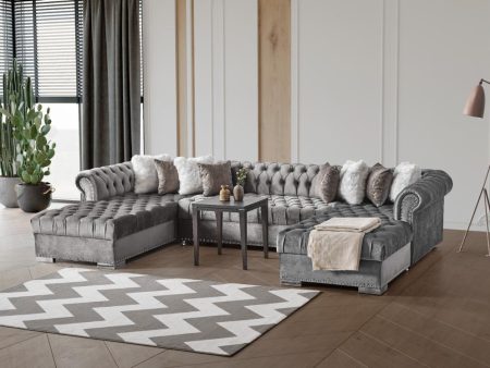 Grey Velvet Tufted U Shaped Sectional- Includes Throw Pillows - Model Jordan Supply