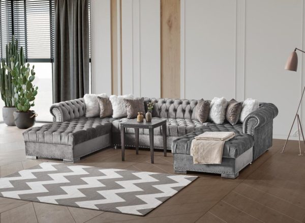 Grey Velvet Tufted U Shaped Sectional- Includes Throw Pillows - Model Jordan Supply