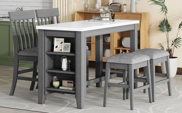 5 Piece Counter Height Dining Table Set With Built-In Storage Shelves - Gray For Sale