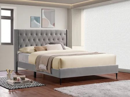 Grey Diamond Wing Velvet Fabric Platform Bed- Double, Queen or King- Model #5590 For Discount