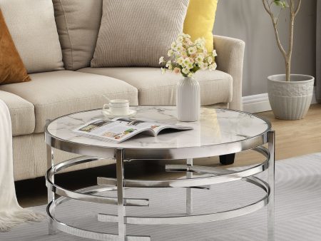 32.48   Chrome Round Coffee Table With Sintered Stone Top & Sturdy Metal Frame, Modern Coffee Table For Living Room - Silver Supply