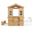 Wooden Playhouse For Kids Outdoor With Working Door, Windows, Mailbox, Bench, Flowers Pot Holder - Natural Discount