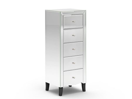 Valencia Mirrored 5 Drawer Glass Chest with Wood Legs & Crystal Handles- Model #0030 Online Sale