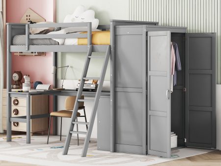 Twin Size Loft Bed With Desk, Shelves And Wardrobe - Gray For Sale