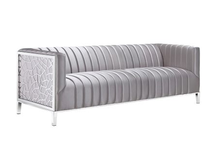 Upholstered Channel Pocket Silver Satin Sofa- Model Conrad Discount