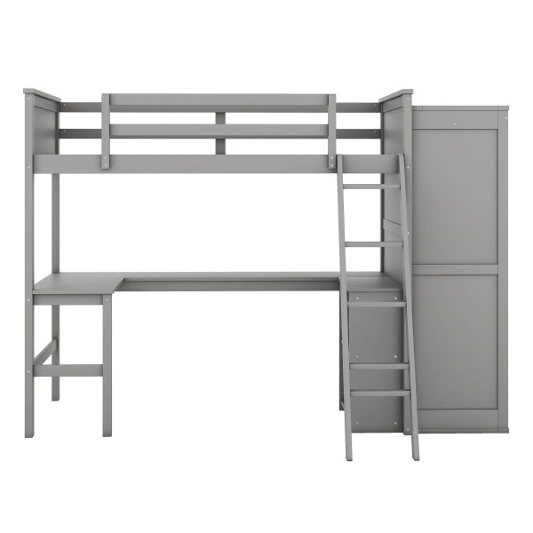 Twin Size Loft Bed With Desk, Shelves And Wardrobe - Gray For Sale