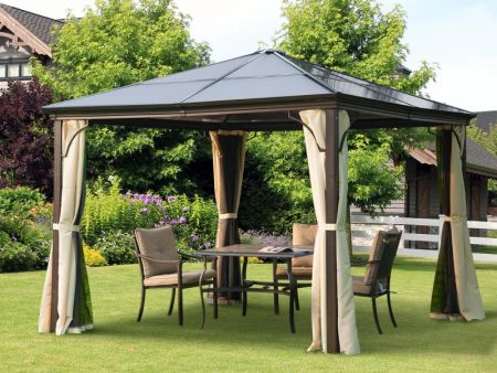 Beige & Coffee 10 x 10ft Hard Top Gazebo Canopy Heavy Duty Shelter Sun Shade with Curtain- Model #01-0871 Fashion