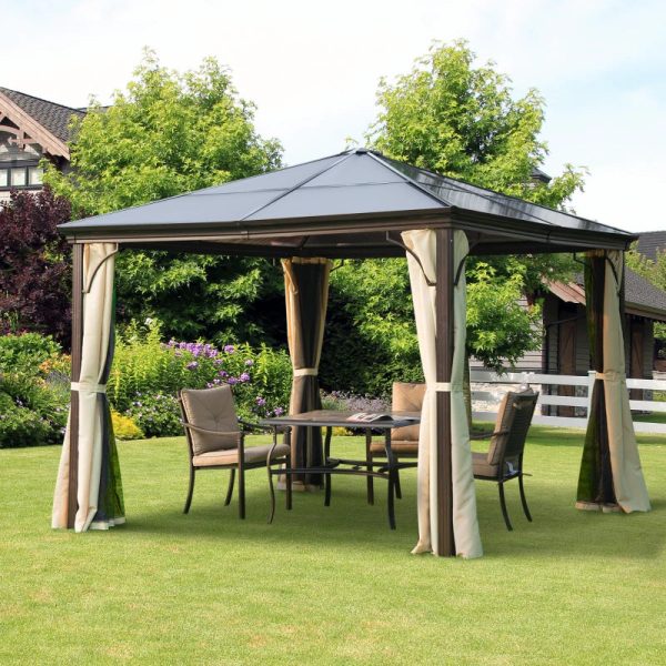 Beige & Coffee 10 x 10ft Hard Top Gazebo Canopy Heavy Duty Shelter Sun Shade with Curtain- Model #01-0871 Fashion